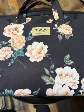 MOSISO Black Laptop Tote Bag with Peach Floral Print‎